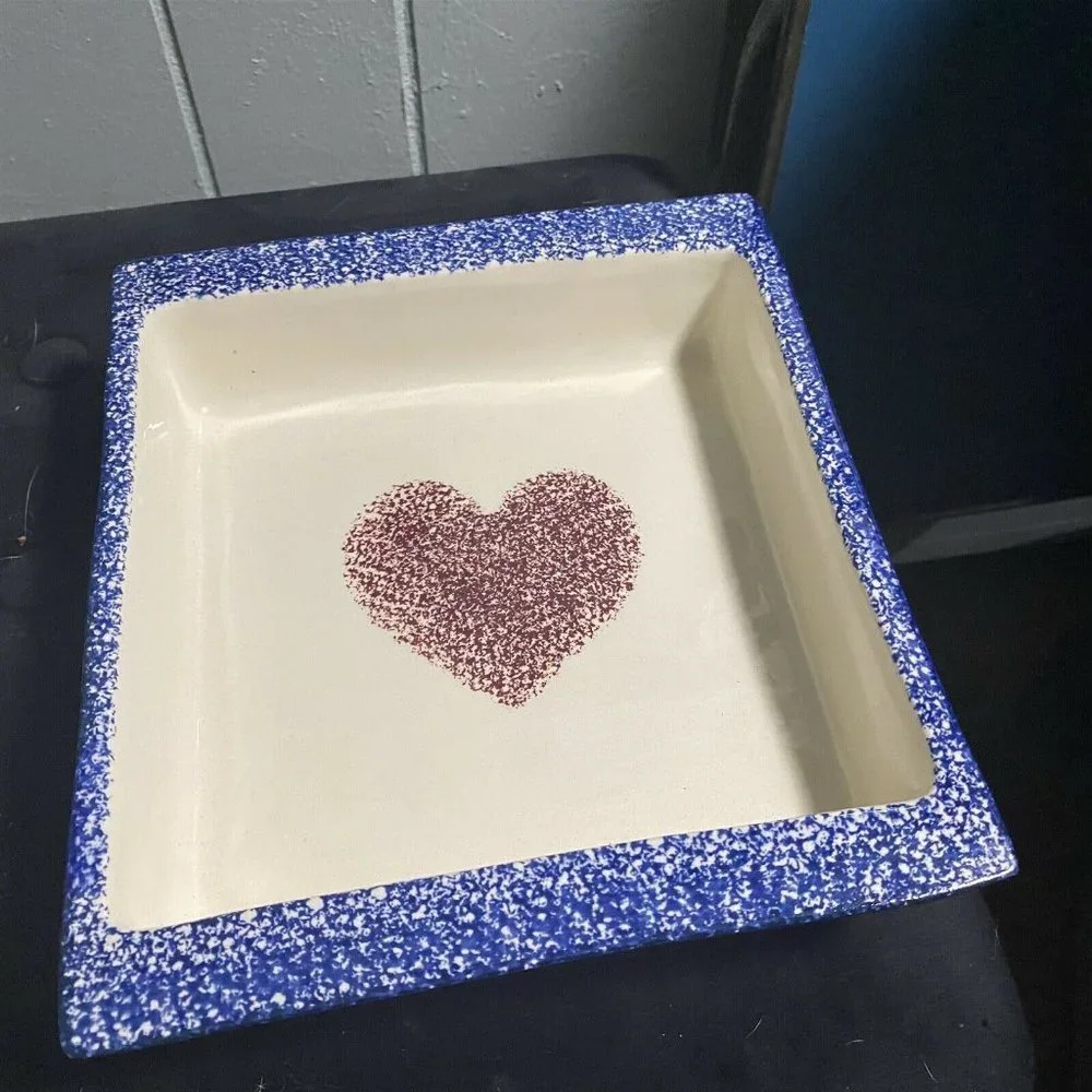 Vintage Flat Earth Pottery Heart Sponge Cake Baking Pan 1991 Square Love